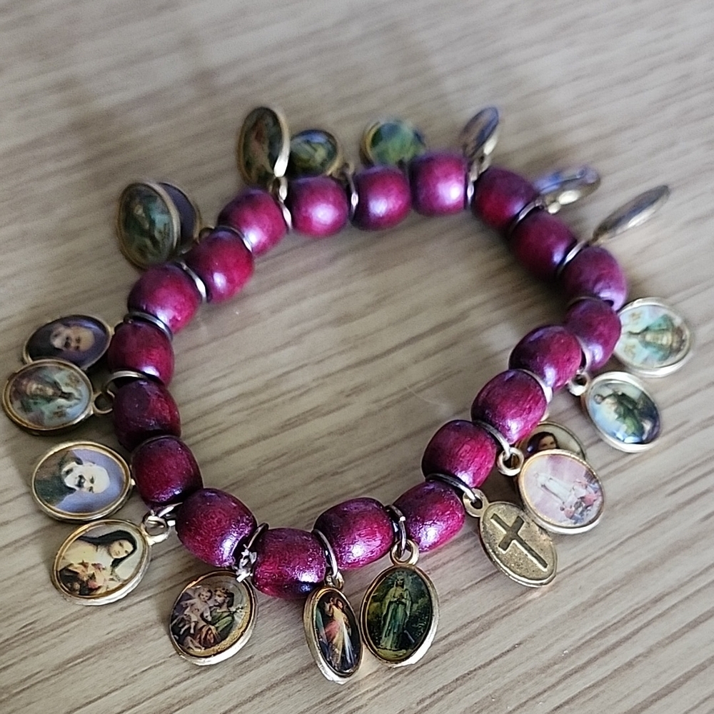 Purple Charm Bracelet with Religious Pendants